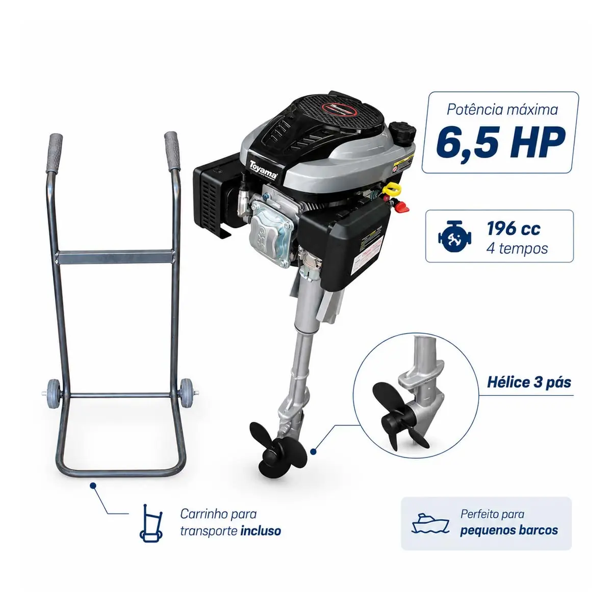 Rabeta Vertical com Motor Toyama 6,5 cv e Carrinho para Transporte