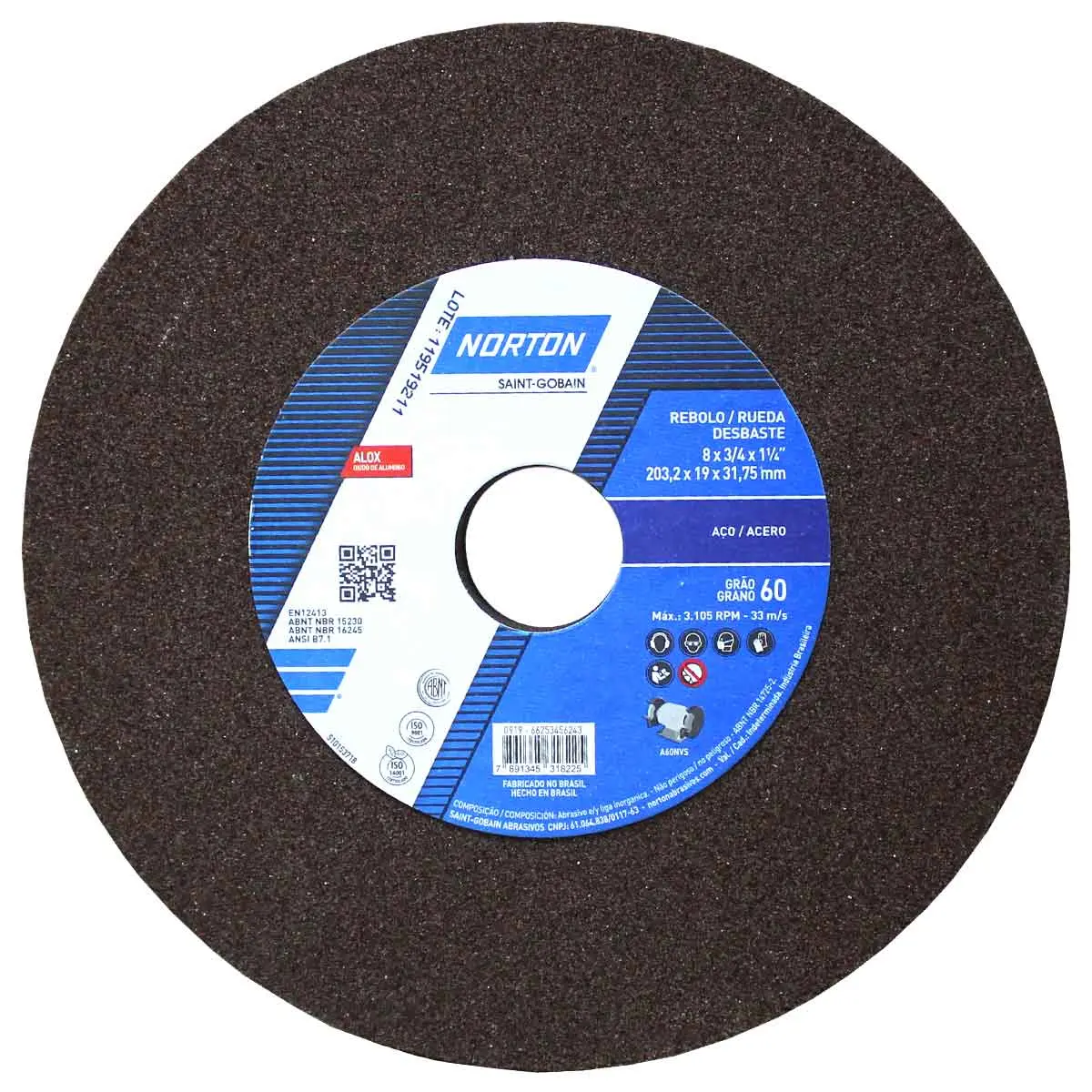 Rebolo Reto 8 x 3/4 Grão 60 Marrom Norton
