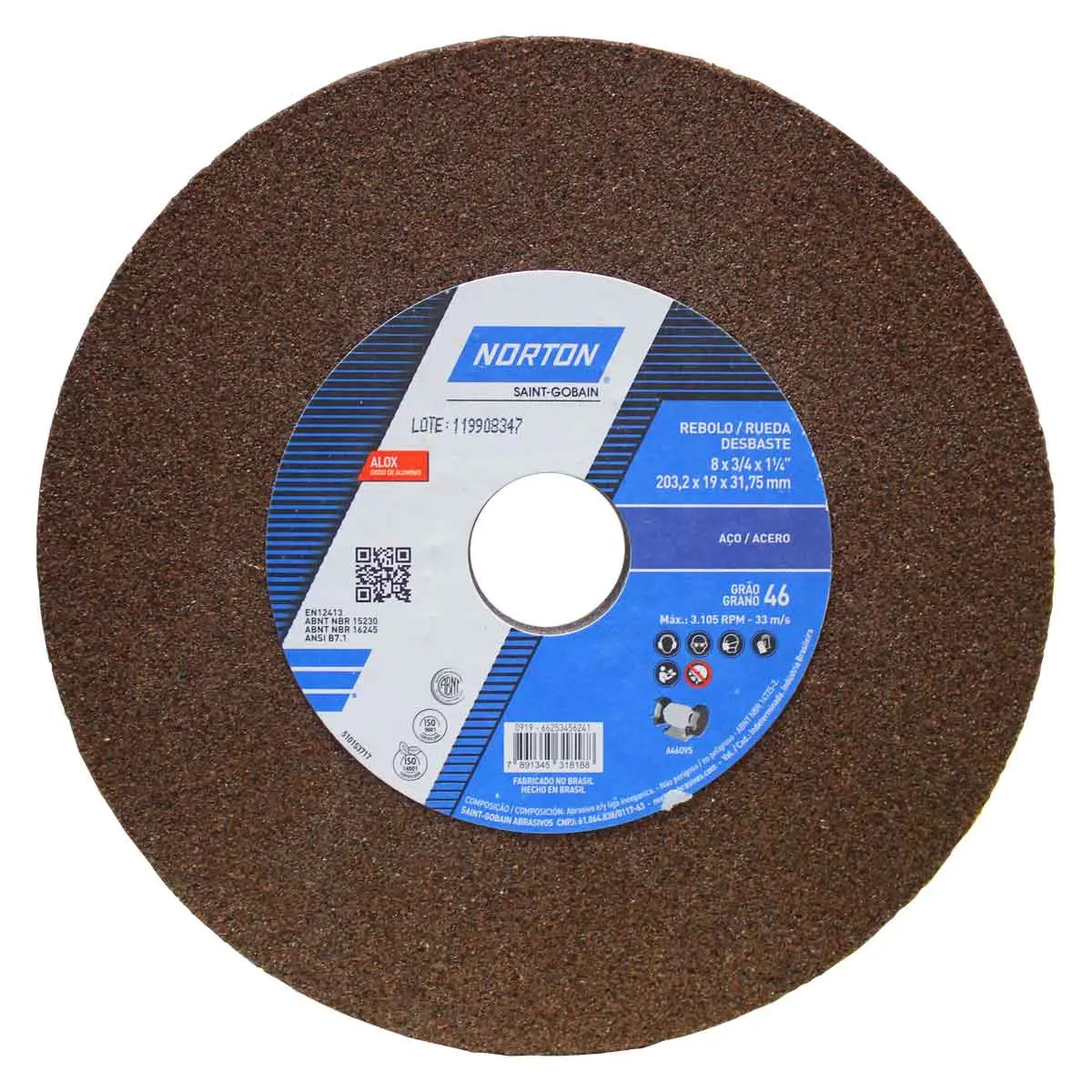 Rebolo Reto 8" x 3/4" Grão 46 Marrom Norton
