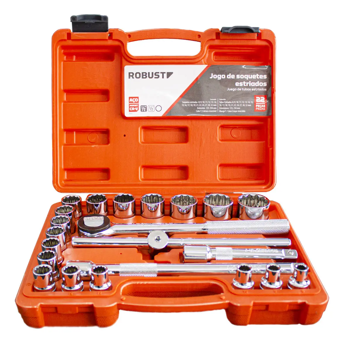 Jogo Soquete Estriado 1/2" 22 Peças de 8 - 32 mm Robust